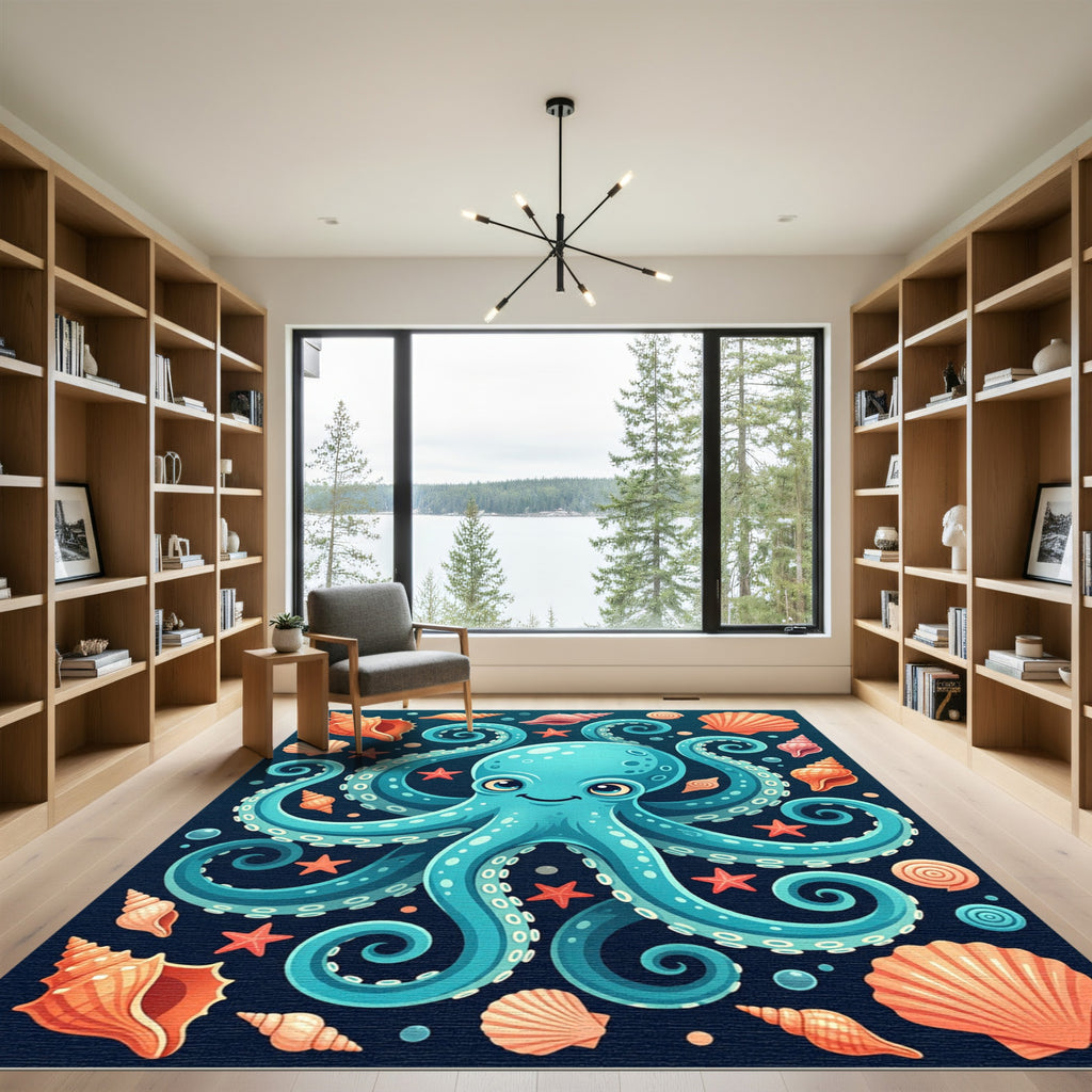 Whimsical Blue Octopus with Seashells Rug