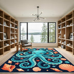Whimsical Blue Octopus with Seashells Rug