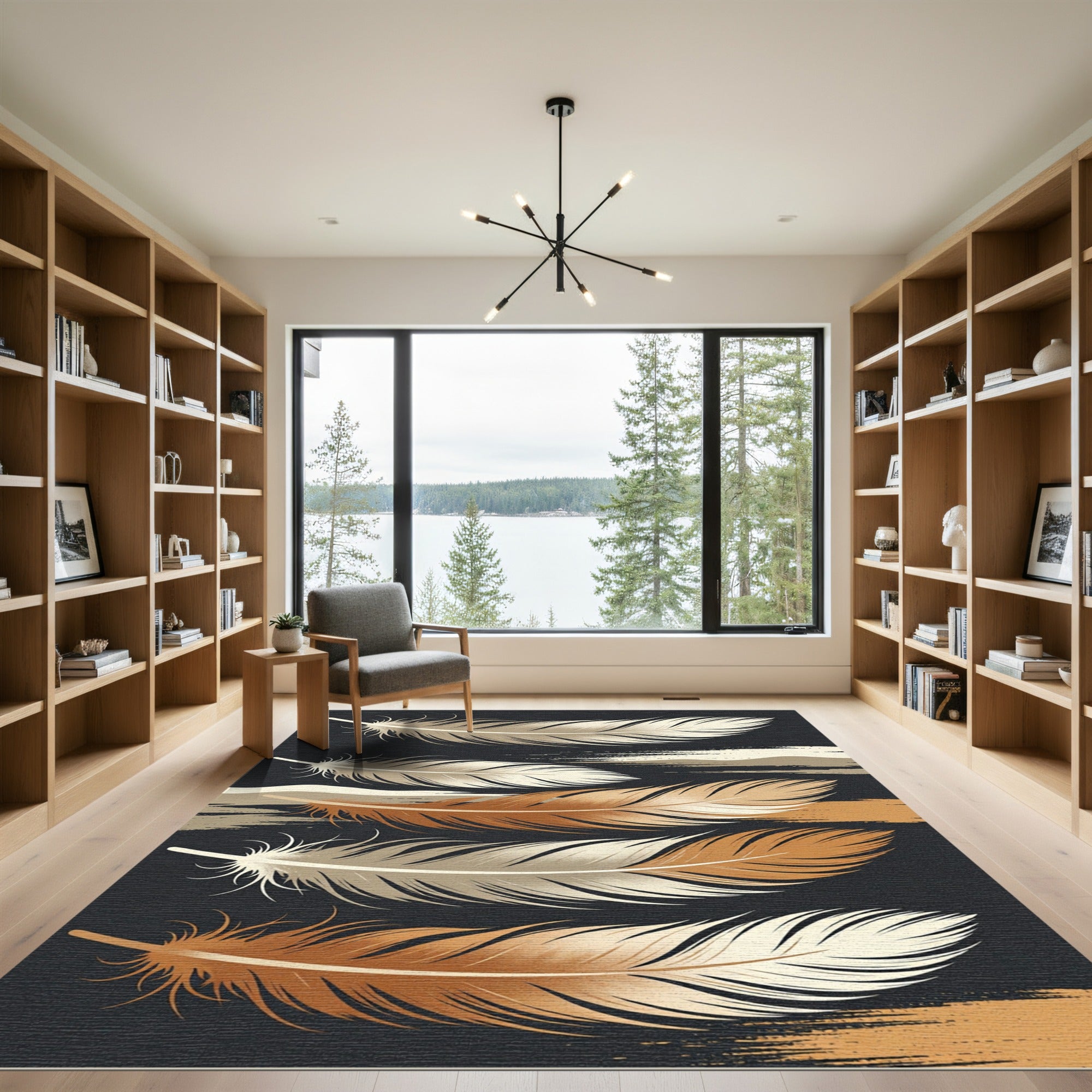 Golden Brown Feather Texture Layered Rug