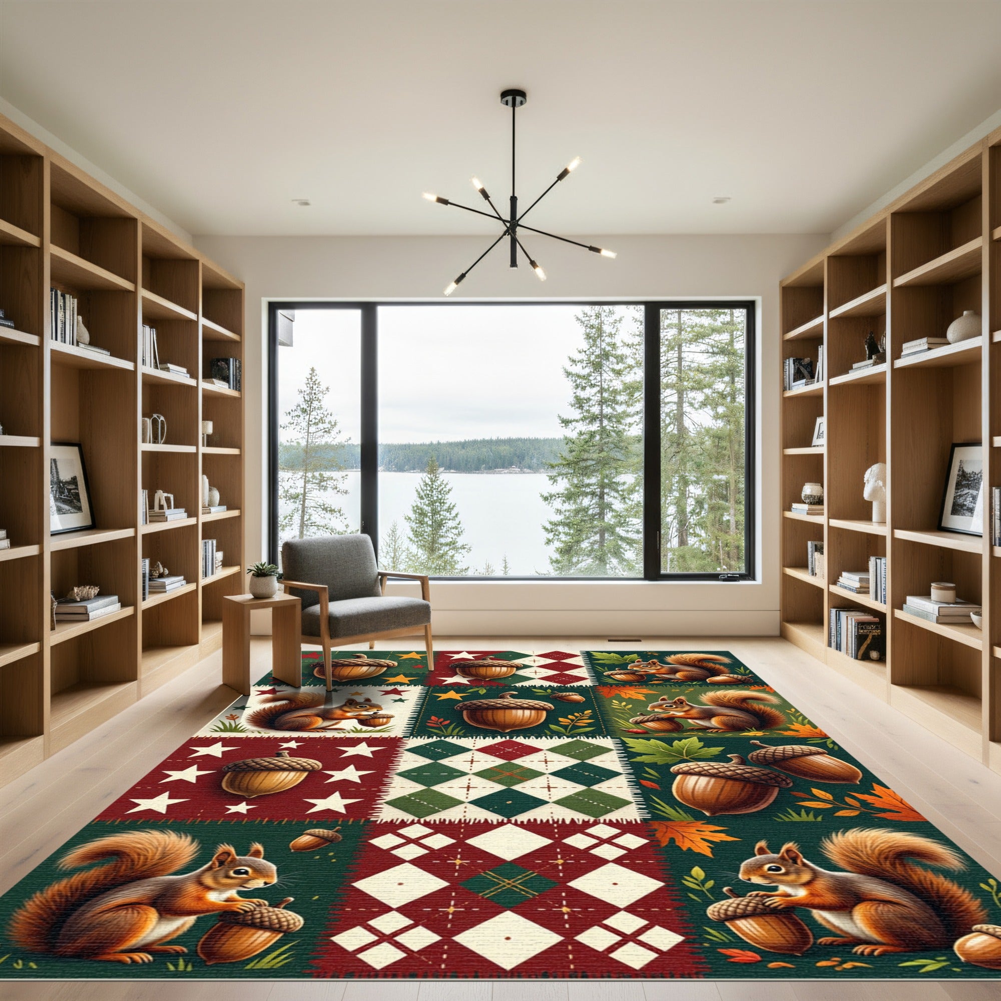 Autumn Acorn And Squirrel Patchwork Quilt Rug