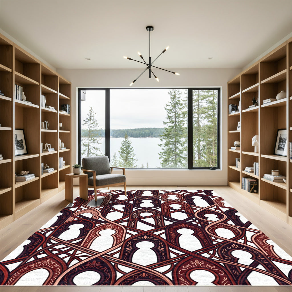 Intricate Burgundy Arched Lattice Overlay Rug