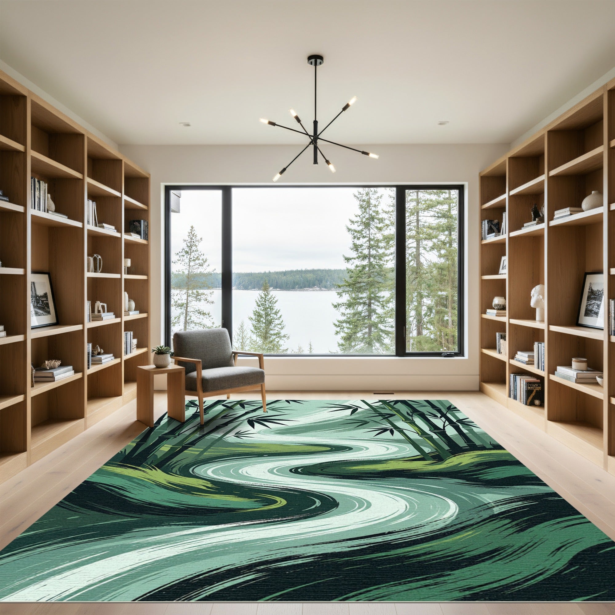 Serene Verdant Bamboo Winding River Rug