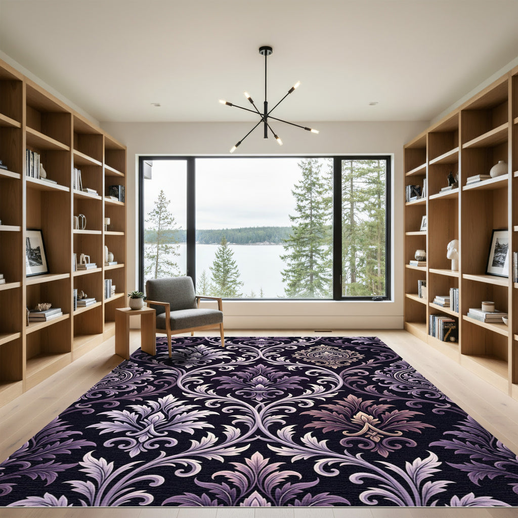 Ornate Lavender Gray Damask Floral Rug