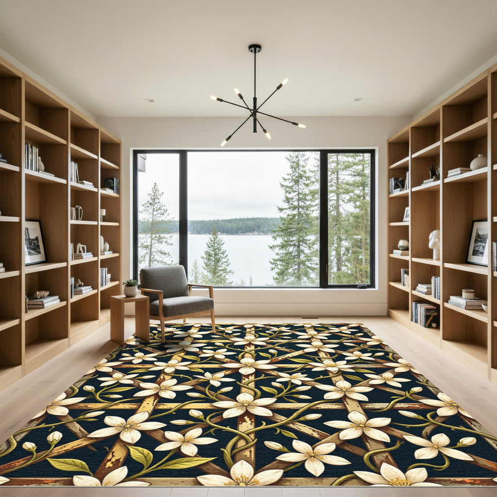 White Jasmine Blossom Trellis Grid Rug