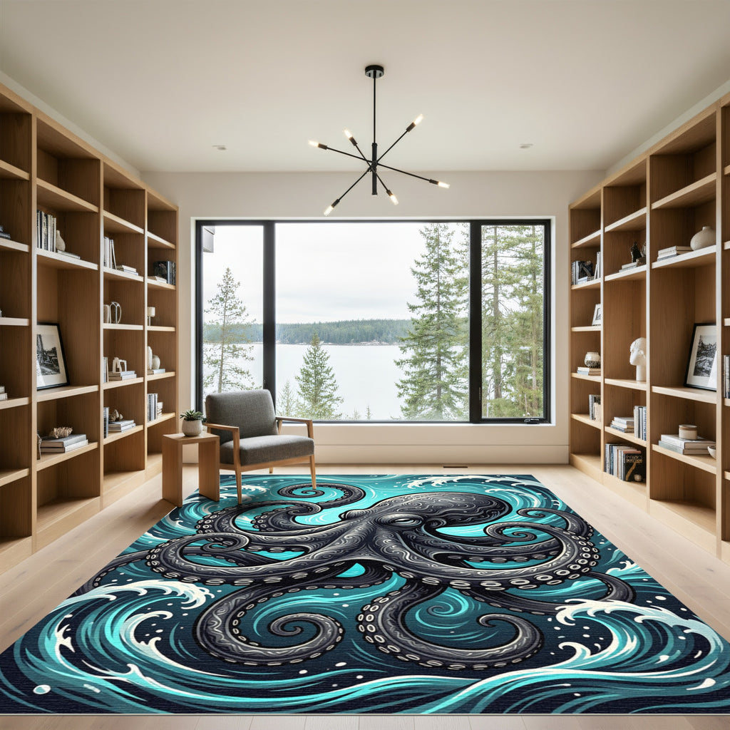 Intricate Black Octopus Swirling Ocean Rug
