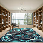 Intricate Black Octopus Swirling Ocean Rug