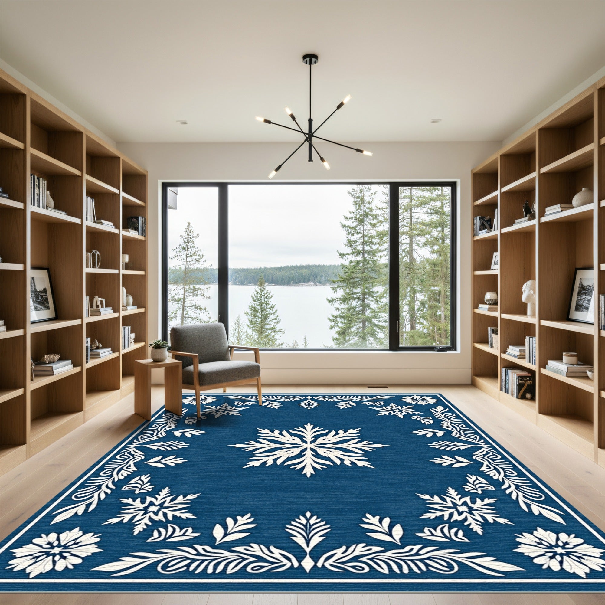 Deep Blue Snowflake Floral Medallion Rug