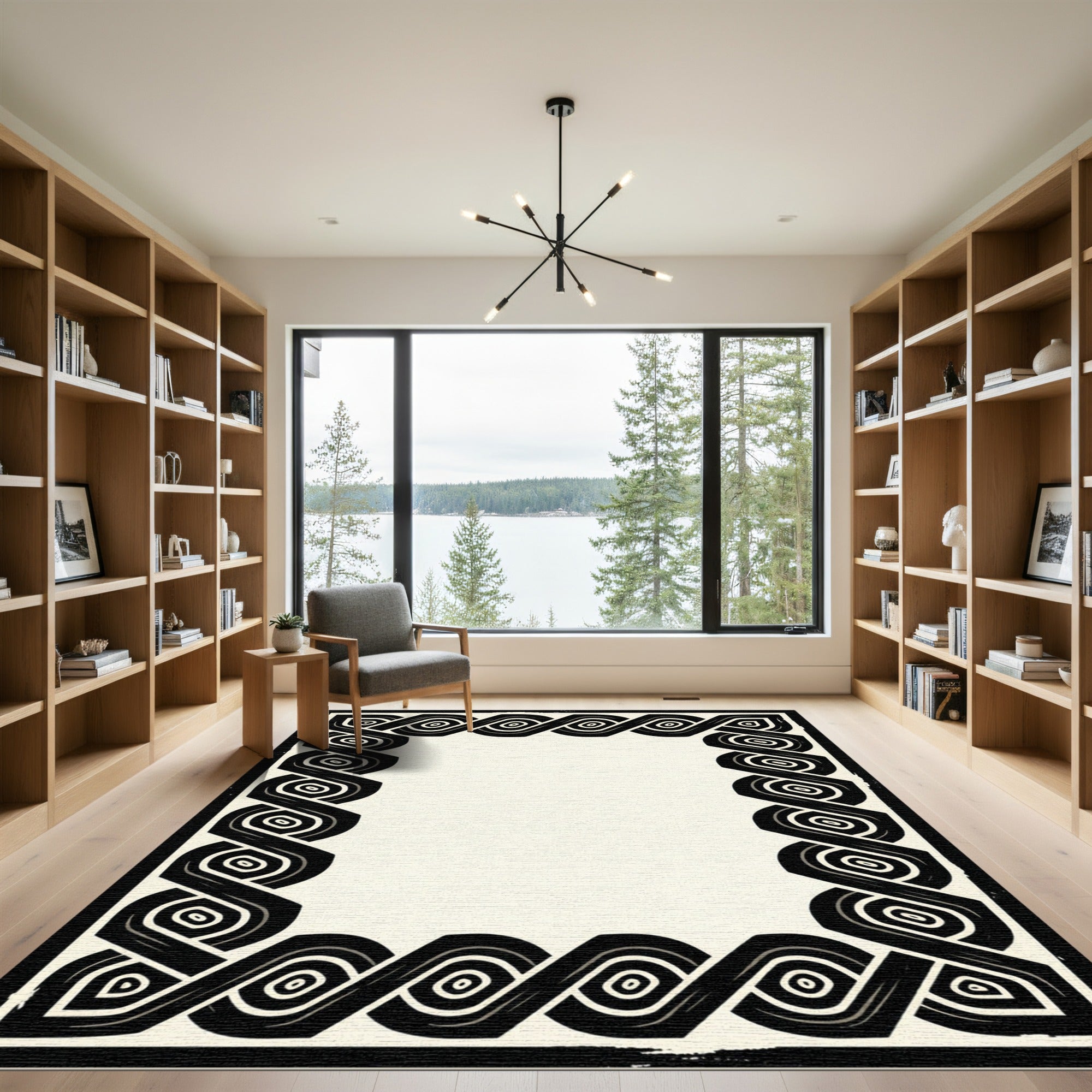 Black Ivory Interwoven Geometric Border Rug