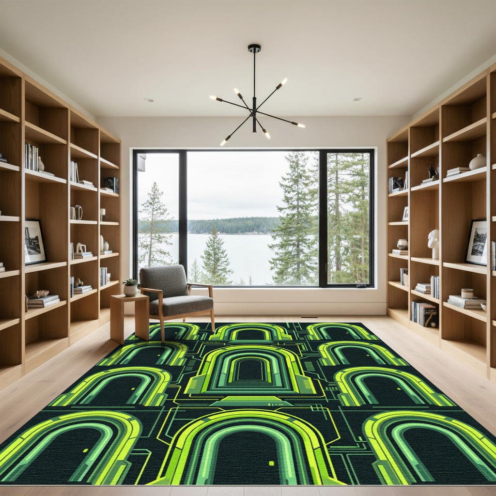 Neon Cybernetic Archway Geometric Grid Rug