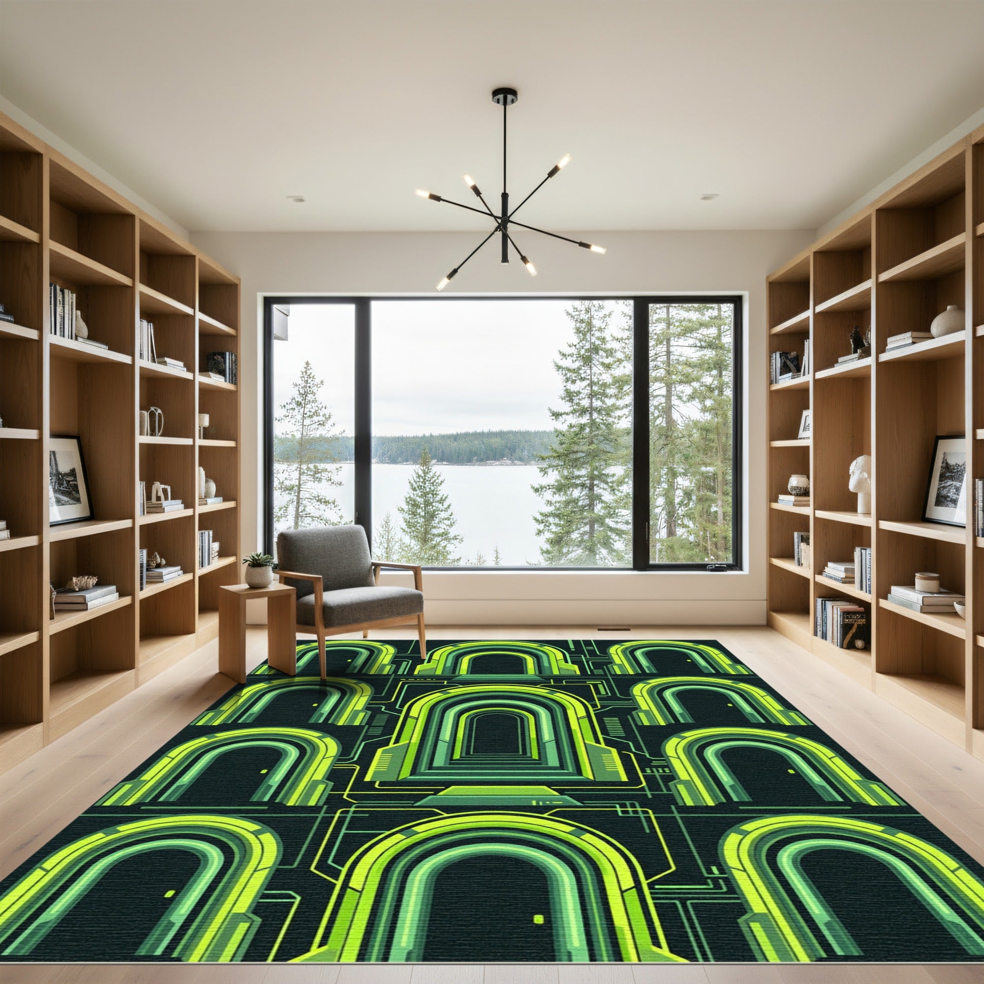 Neon Cybernetic Archway Geometric Grid Rug
