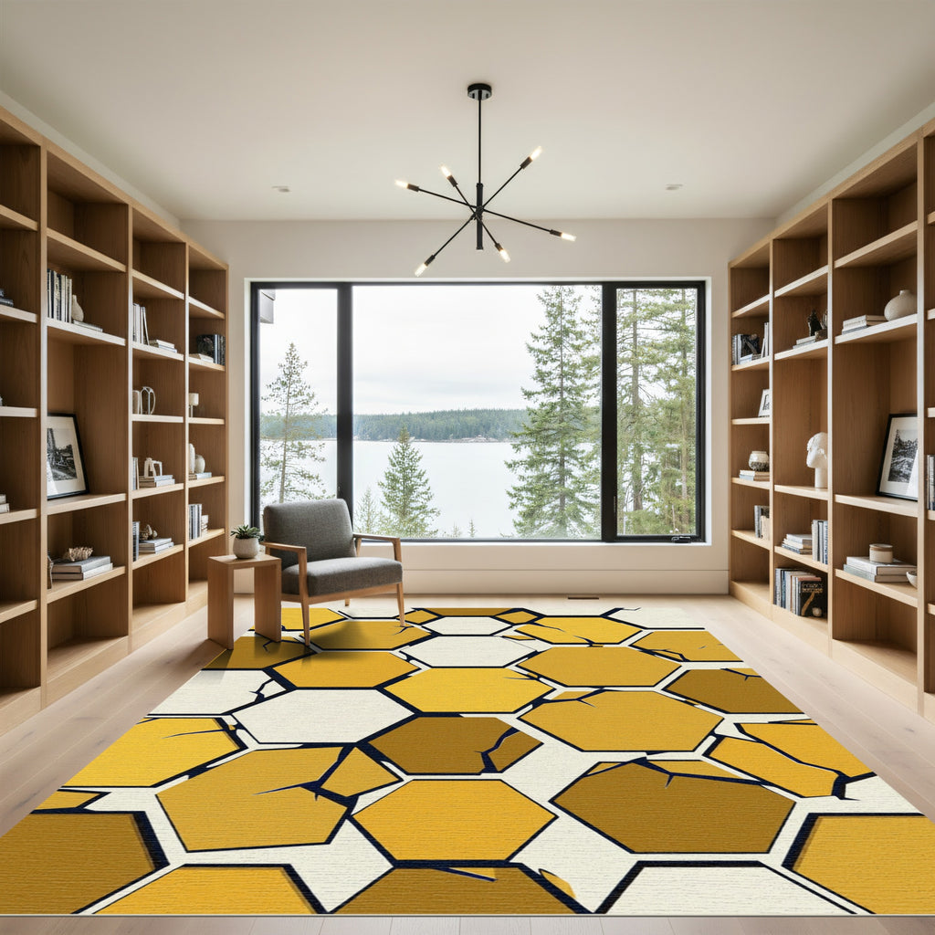 Golden Geometric Hexagon Shard Abstract Rug