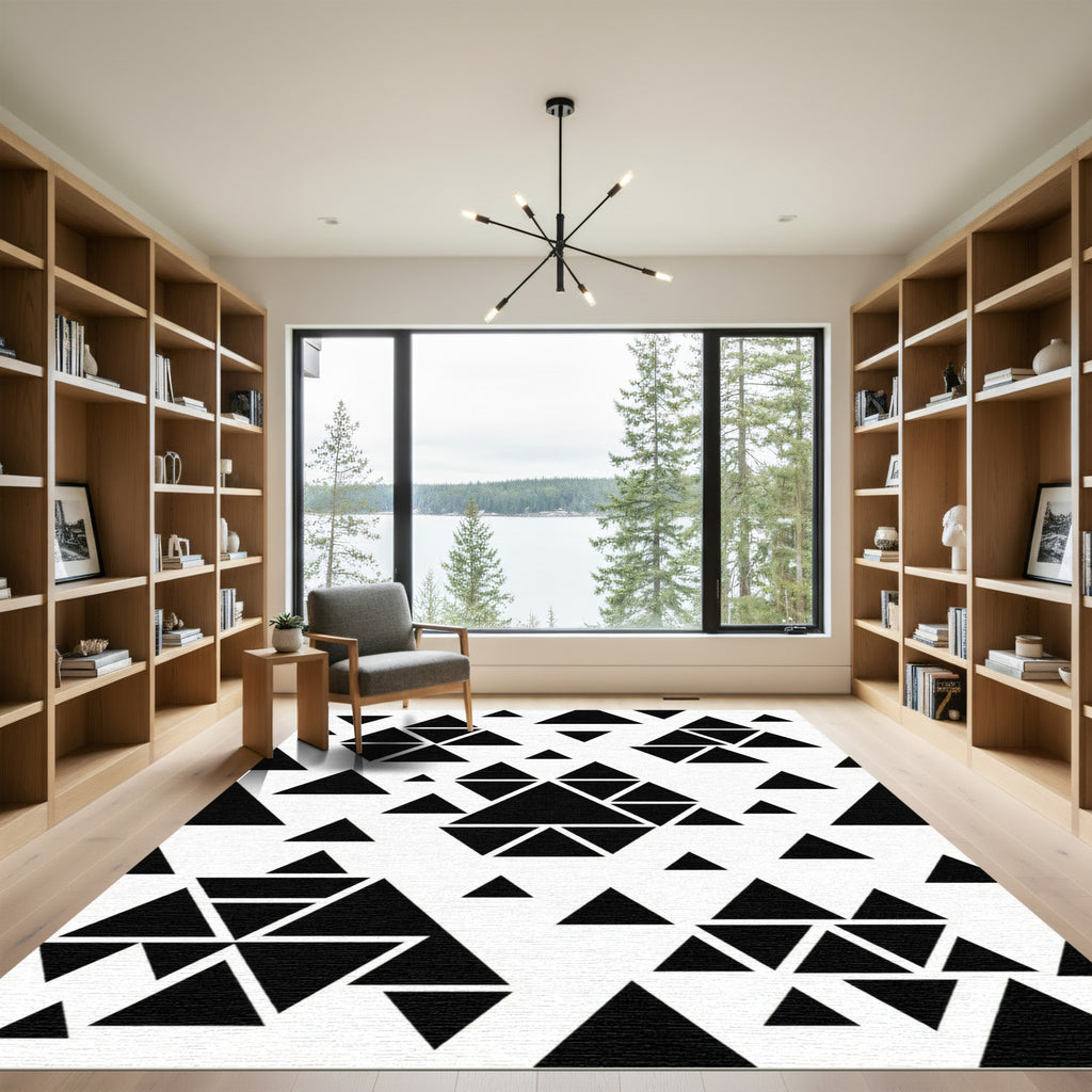 Minimalist Black and White Geometric Triangles Rug