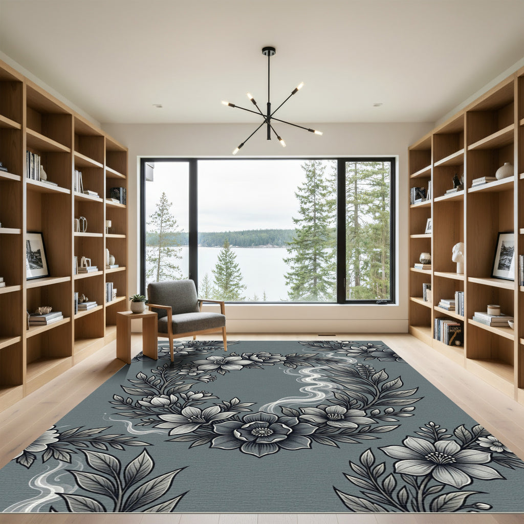 Elegant Gray Floral Wreath Smoke Rug