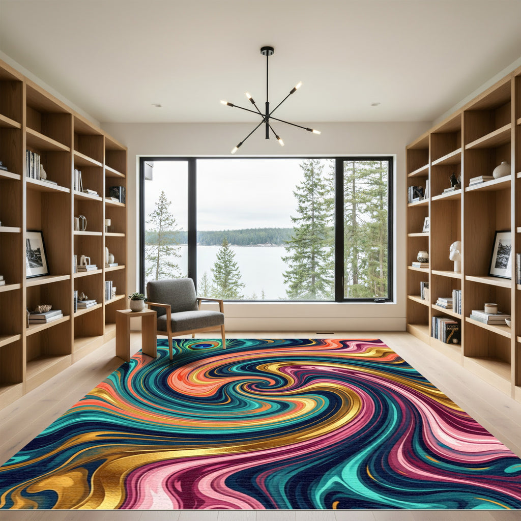 Peacock Plume Swirl Abstract Vibrant Rug