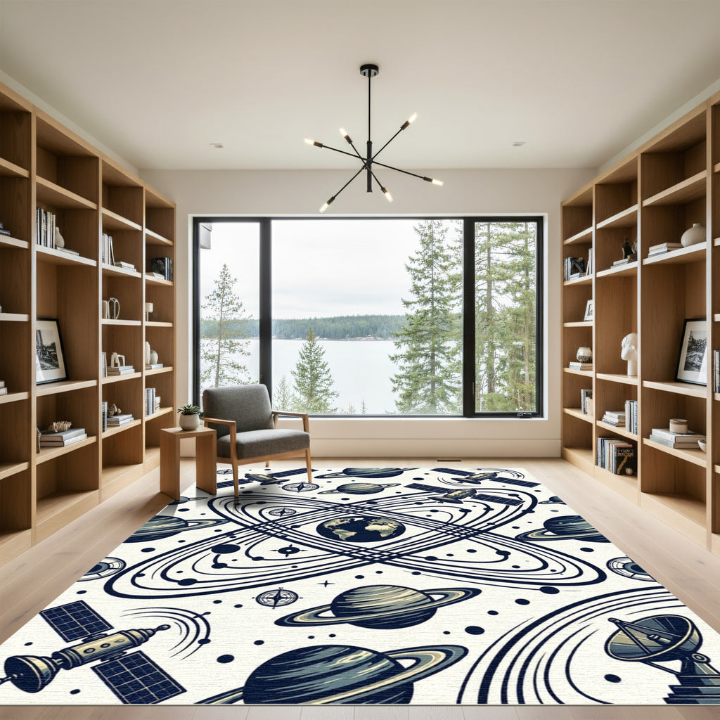 Retro Navy Celestial Planet Space Orbit Rug