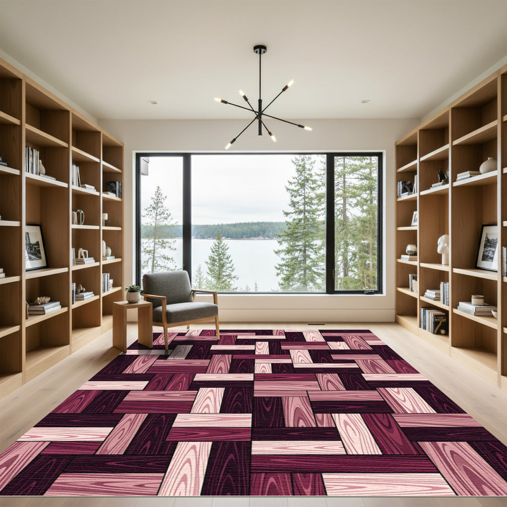 Burgundy Pink Woodgrain Parquet Rug