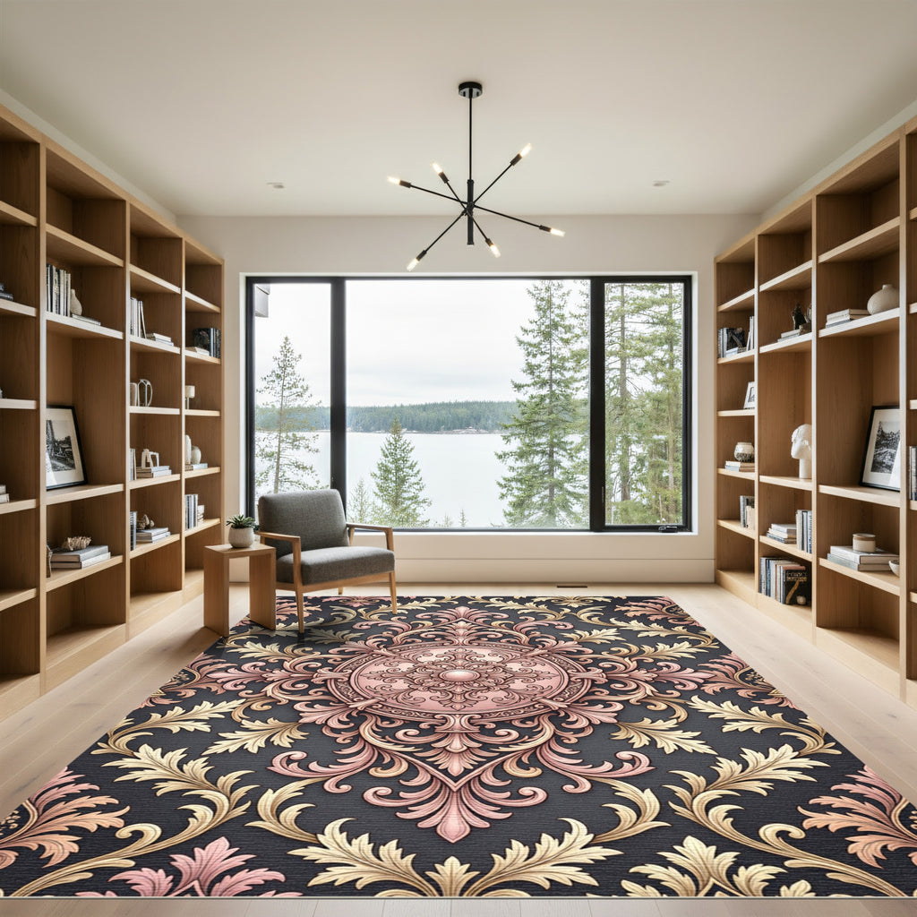 Ornate Rose Gold Scrollwork Damask Rug