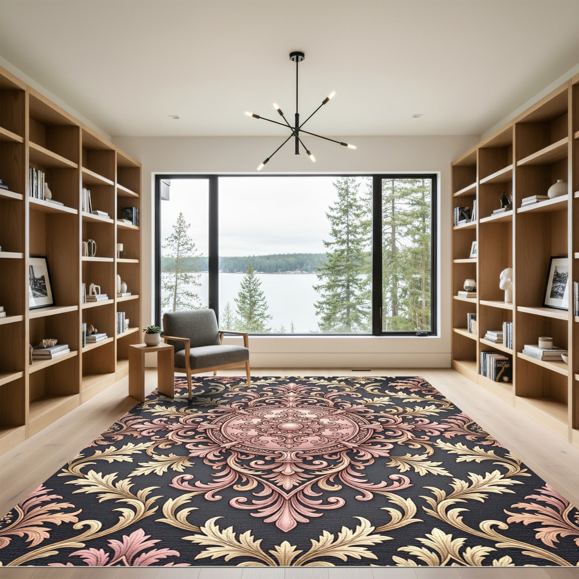 Ornate Rose Gold Scrollwork Damask Rug