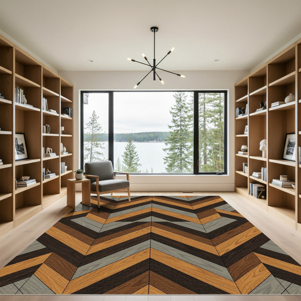 Geometric Wood Grain Chevron Rug