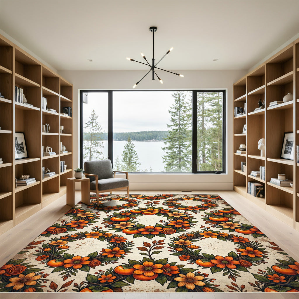 Autumn Wreath Floral Persimmon Harvest Art Rug