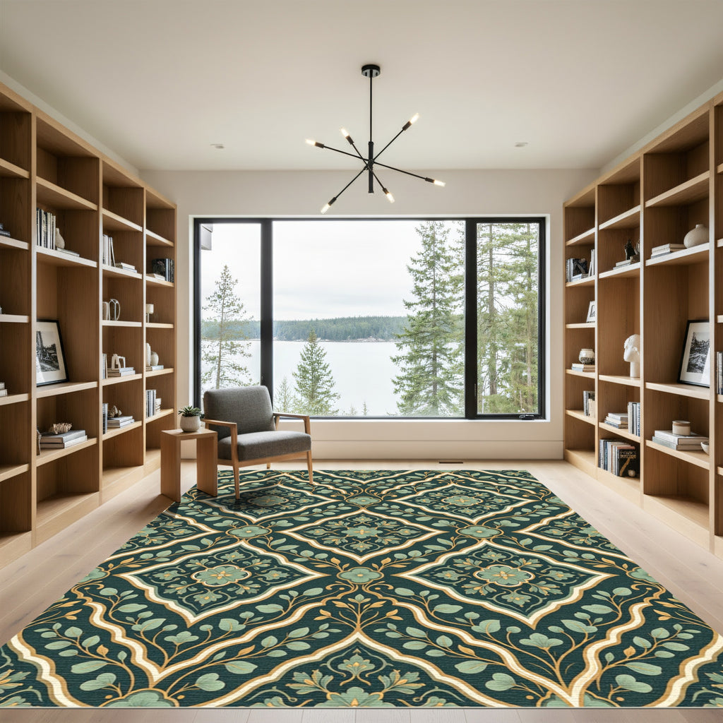Deep Teal Floral Lattice Medallion Rug