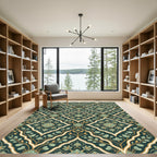 Deep Teal Floral Lattice Medallion Rug