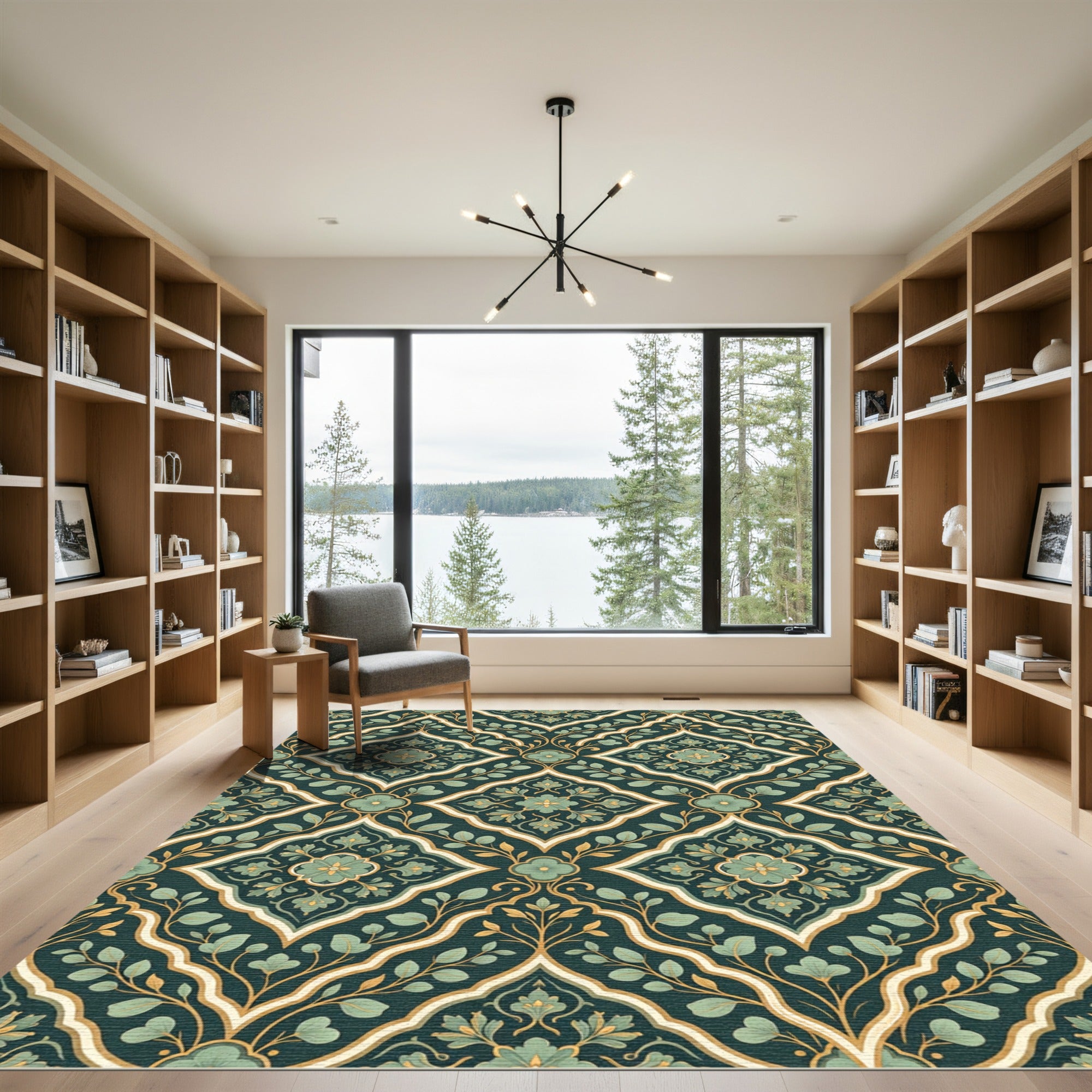 Deep Teal Floral Lattice Medallion Rug