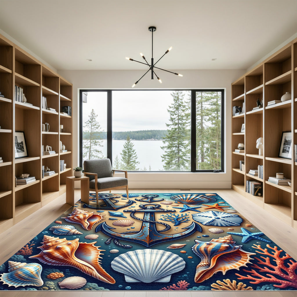 Nautical Anchor Seashell Beach Scape Rug