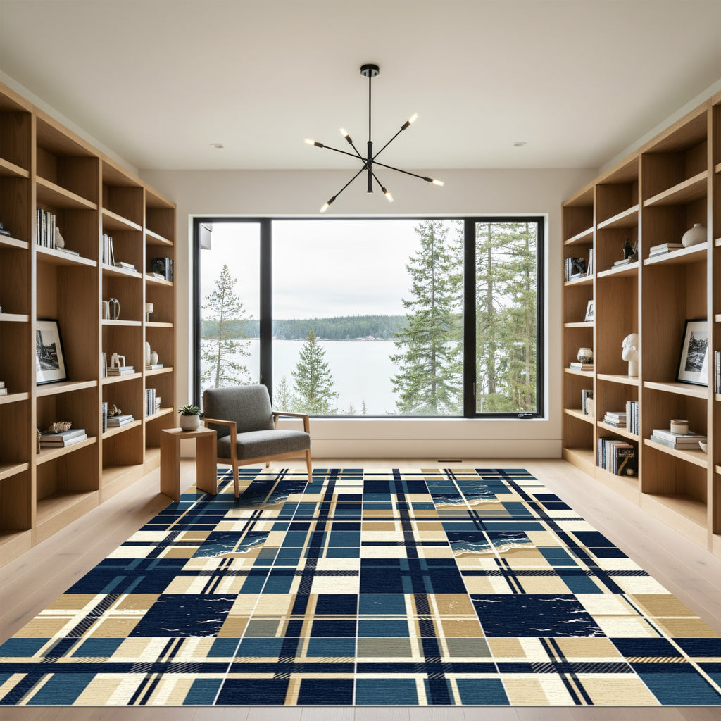 Coastal Navy Blue Plaid Ocean Shore Rug