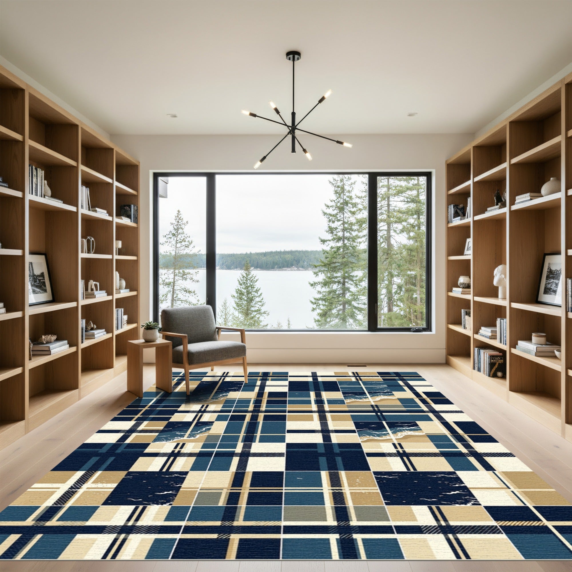 Coastal Navy Blue Plaid Ocean Shore Rug
