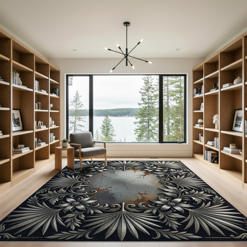 Silver Metallic Botanical Filigree Embellishment Rug