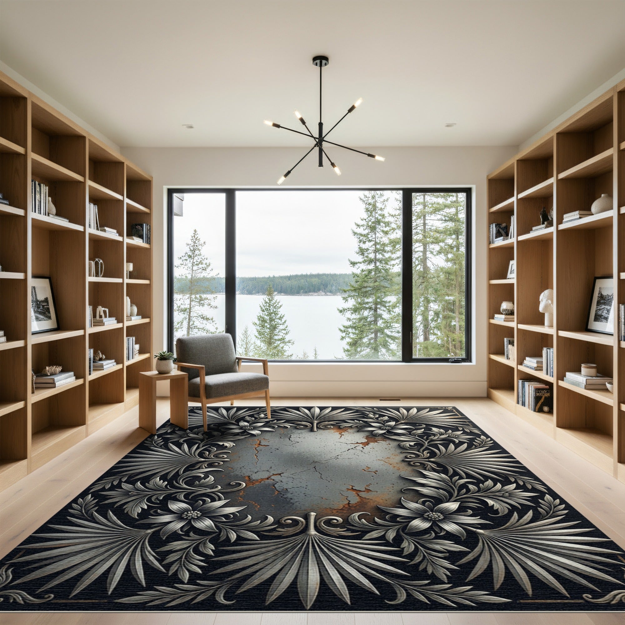 Silver Metallic Botanical Filigree Embellishment Rug