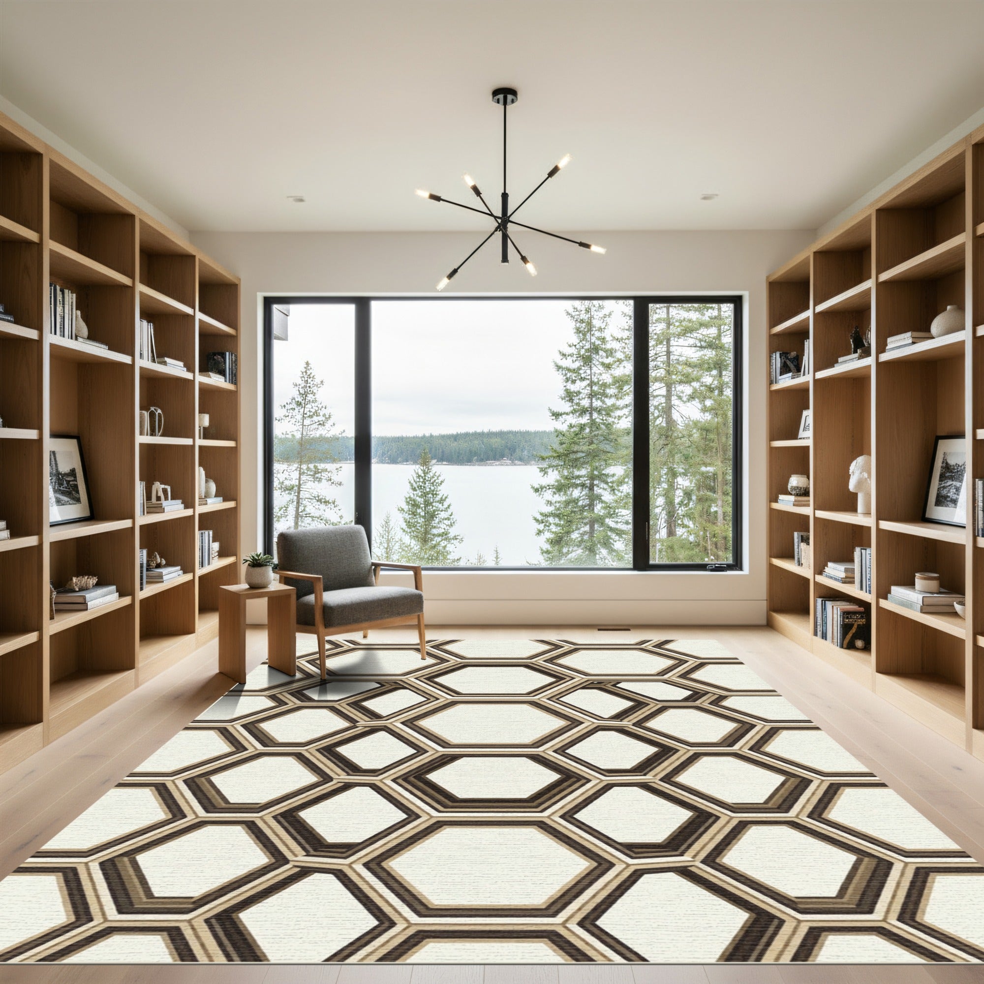 Sophisticated Neutral Geometric Hexagon Art Rug