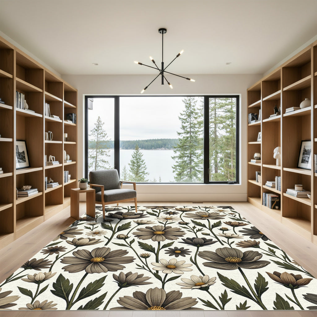 Earthy Tone Floral Botanical Arrangement Rug