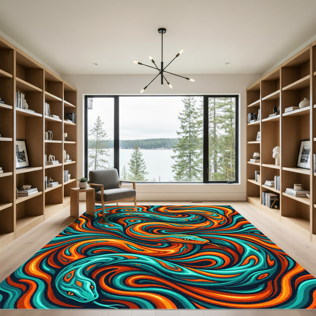 Vibrant Orange and Teal Serpentine Swirl Rug