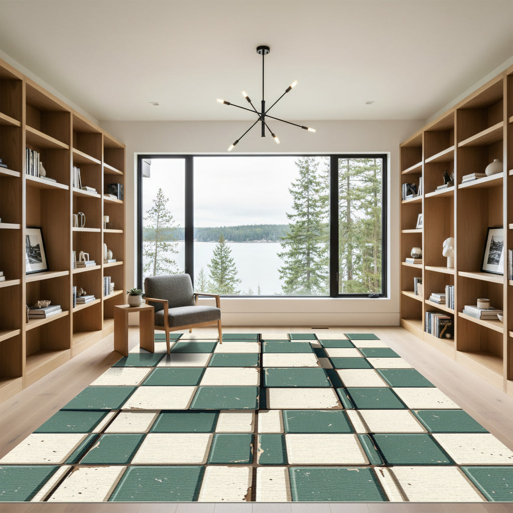 Distressed Sage and Cream Checkerboard Grid Rug