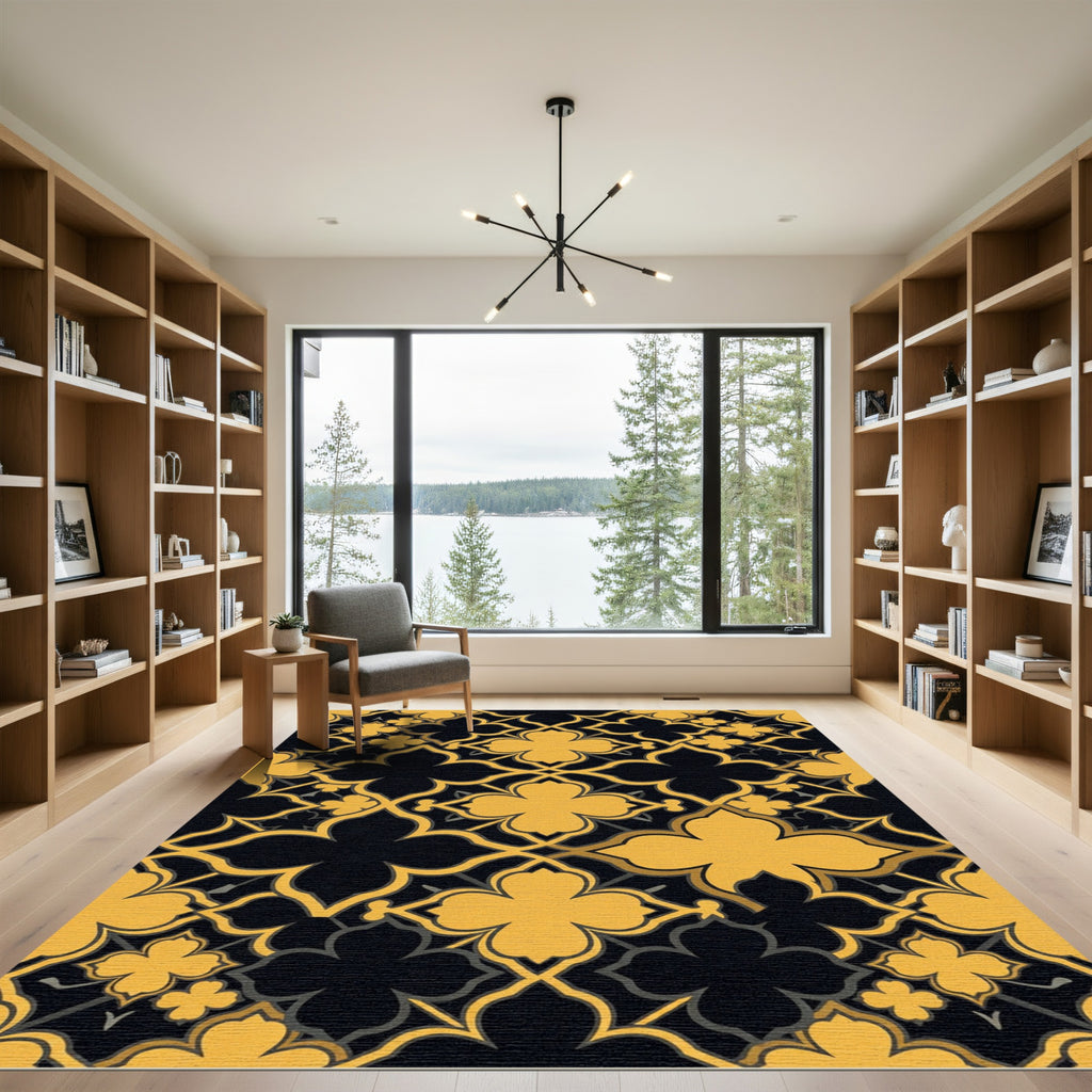 Golden Quatrefoil Tile Black Geometric Tile Rug