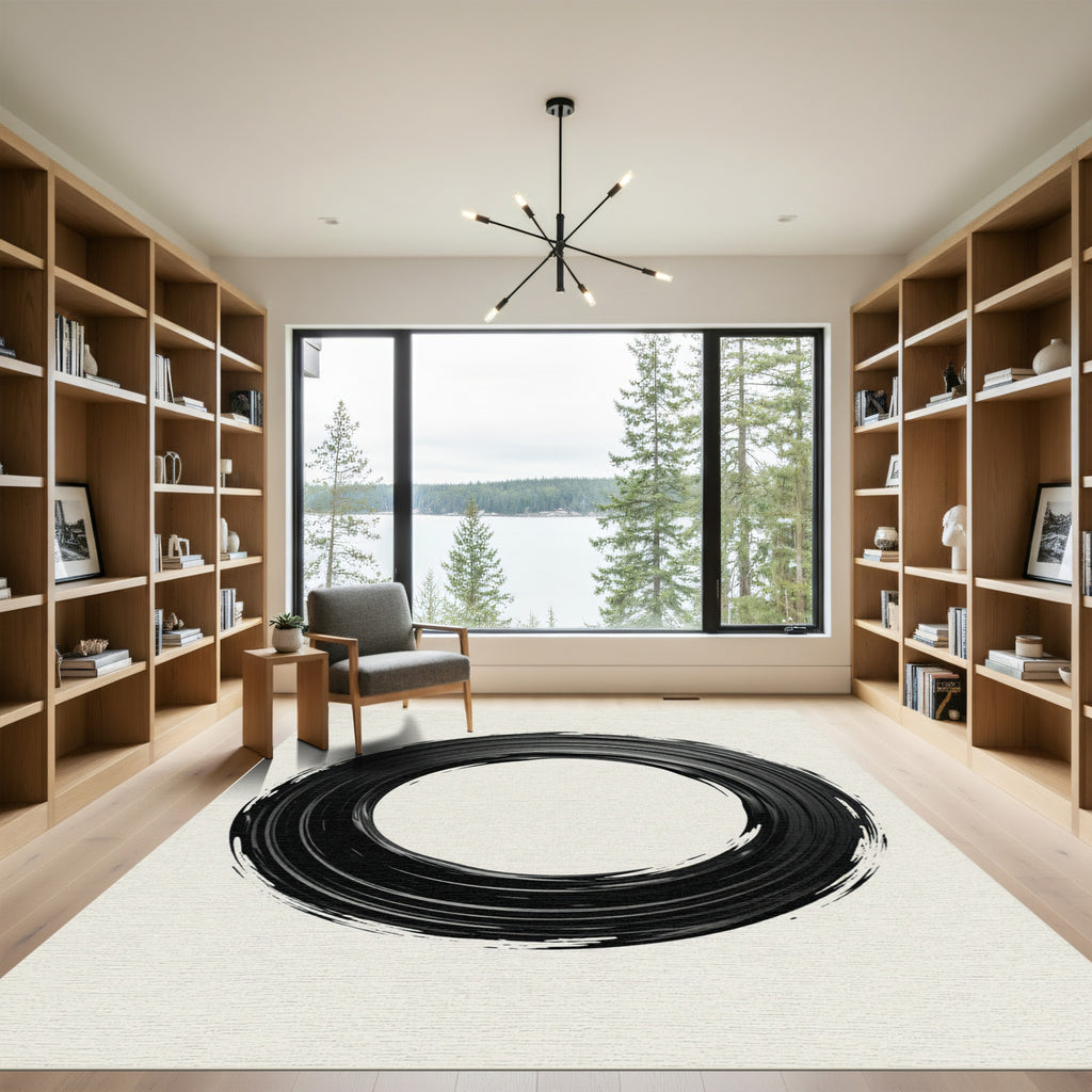 Bold Black Brushstroke Circle Rug