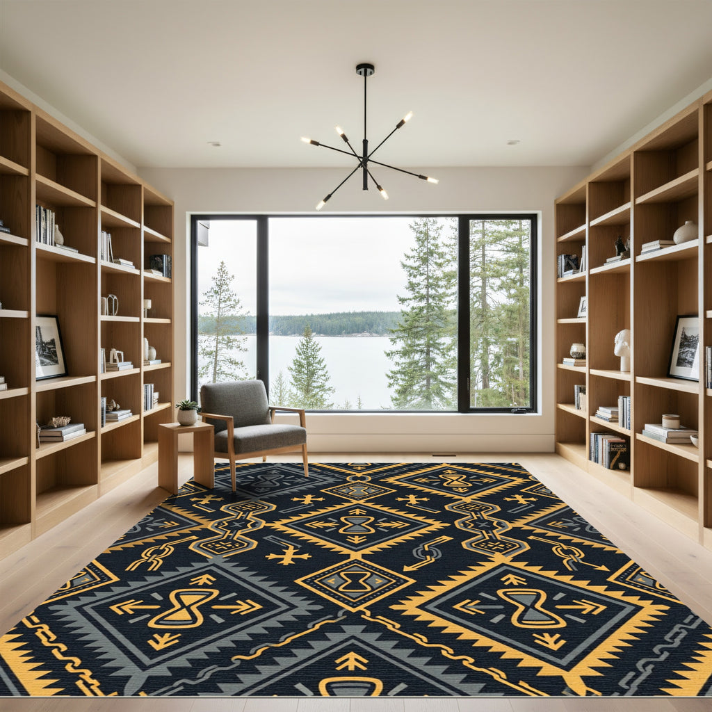 Golden Hourglass Geometric Tribal Charcoal Rug