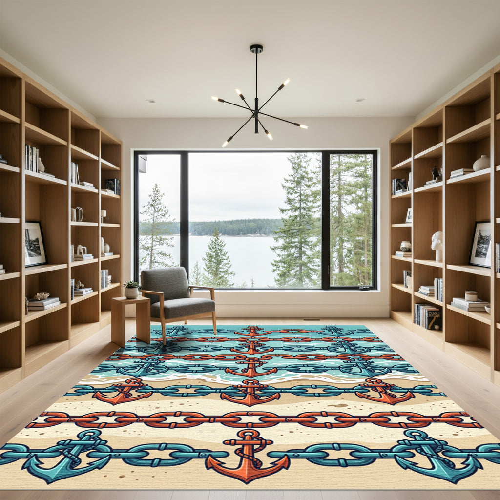 Nautical Anchor and Chain Coastal Horizon Rug
