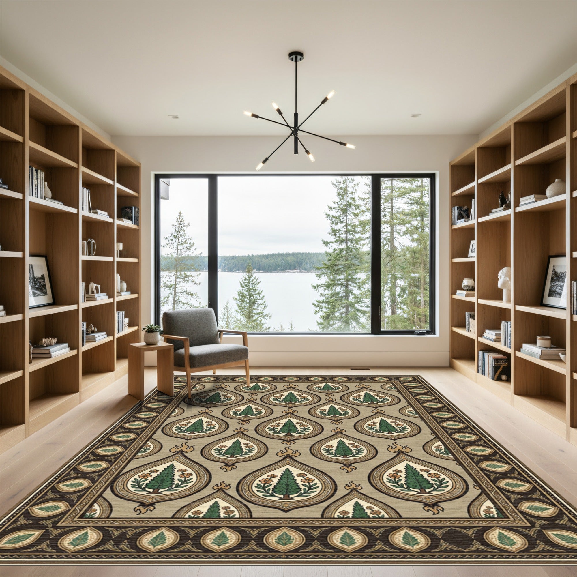 Teal Green Tree Tear Drop Border Rug
