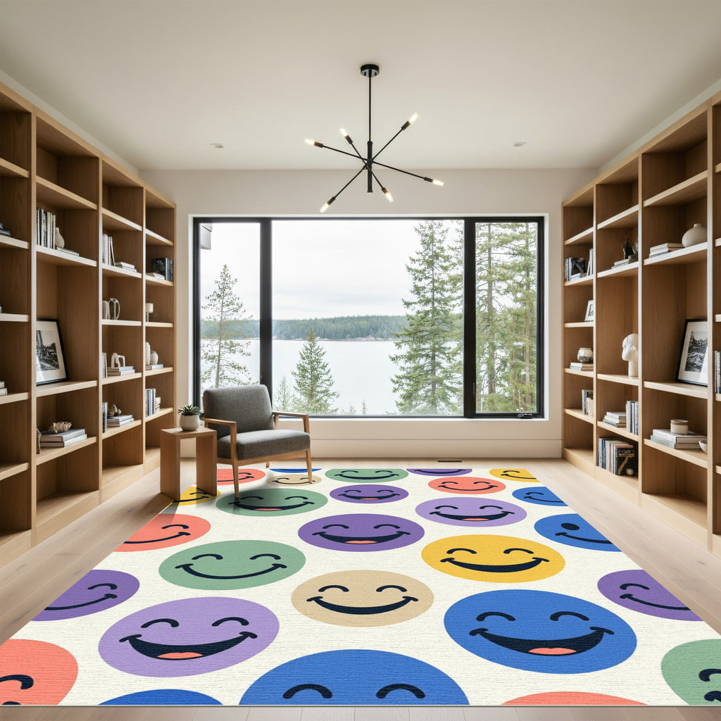 Cheerful Multicolored Smiley Face Whimsical Rug