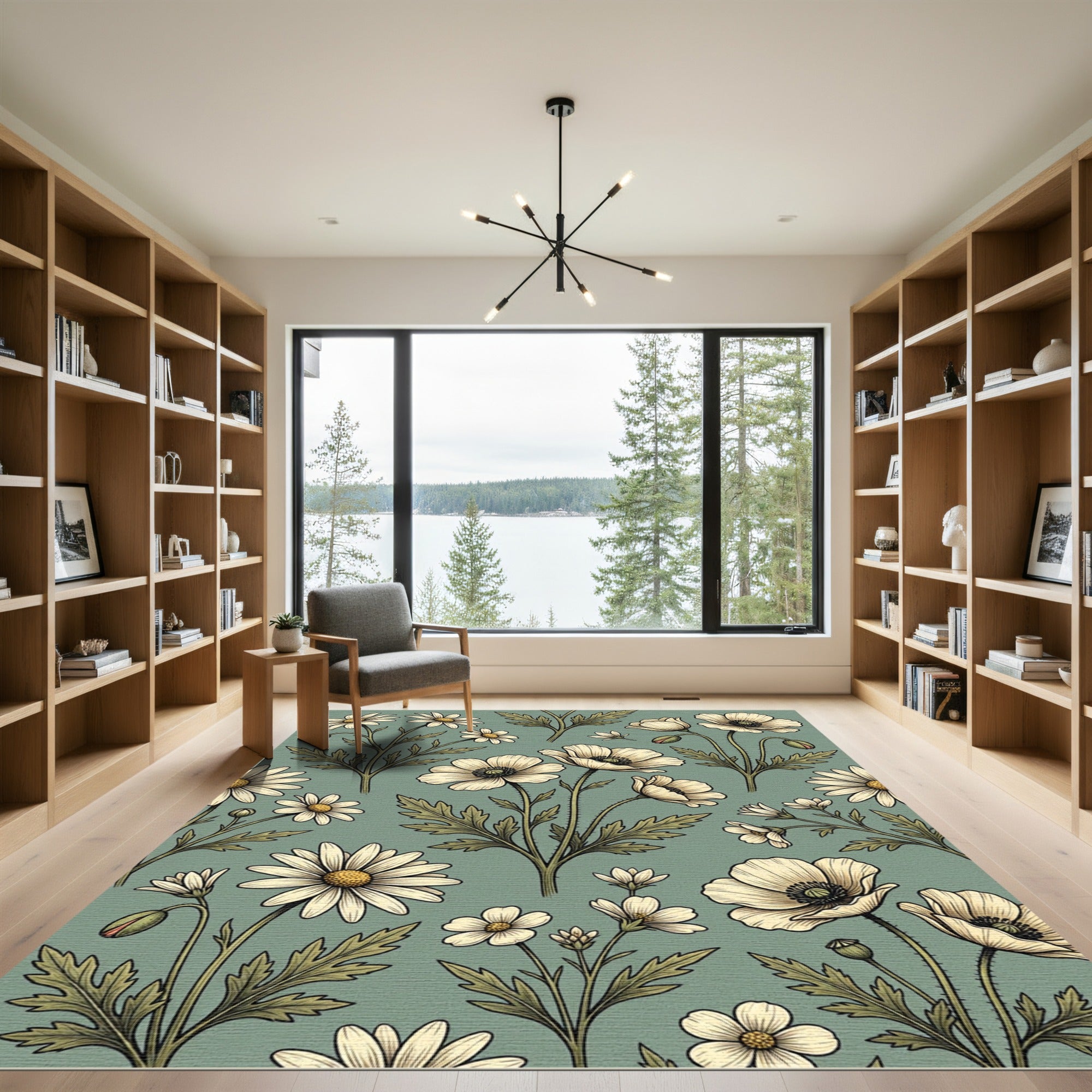 Soft Sage Botanical Poppy Daisy Field Rug