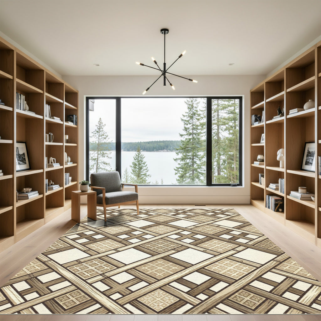 Geometric Lattice Woven Neutral Grid Rug
