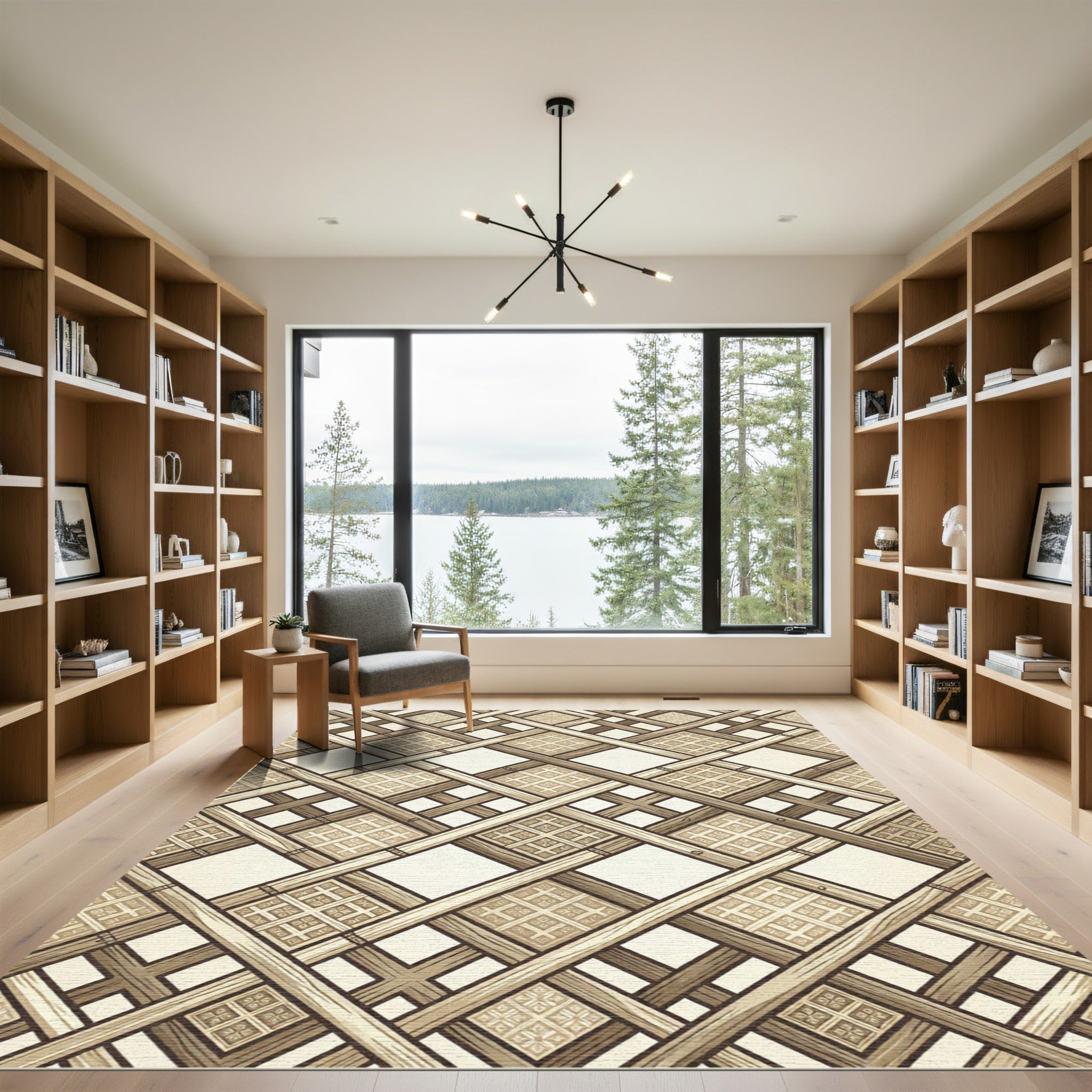 Geometric Lattice Woven Neutral Grid Rug