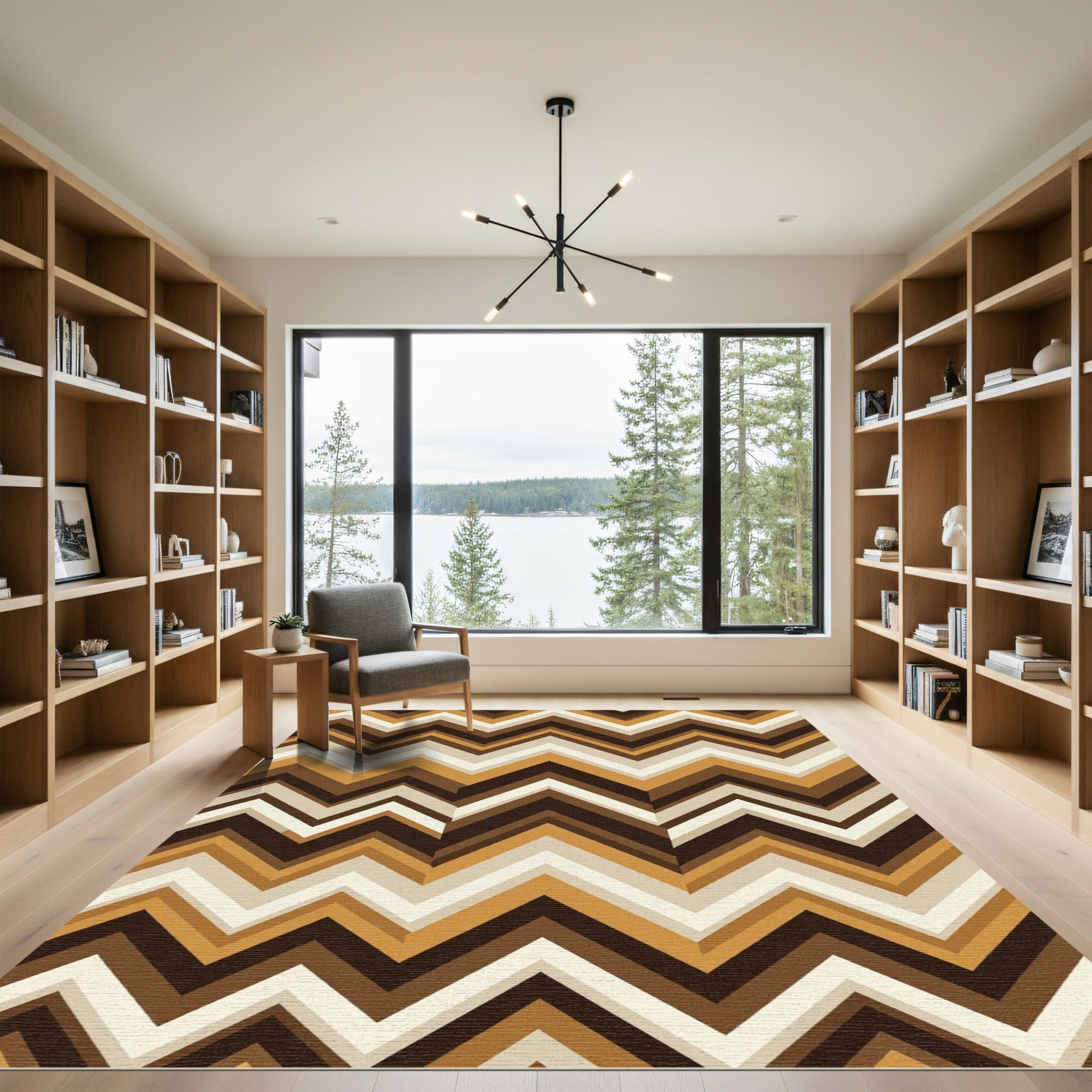 Mid-Century Brown Ochre Zigzag Chevron Rug