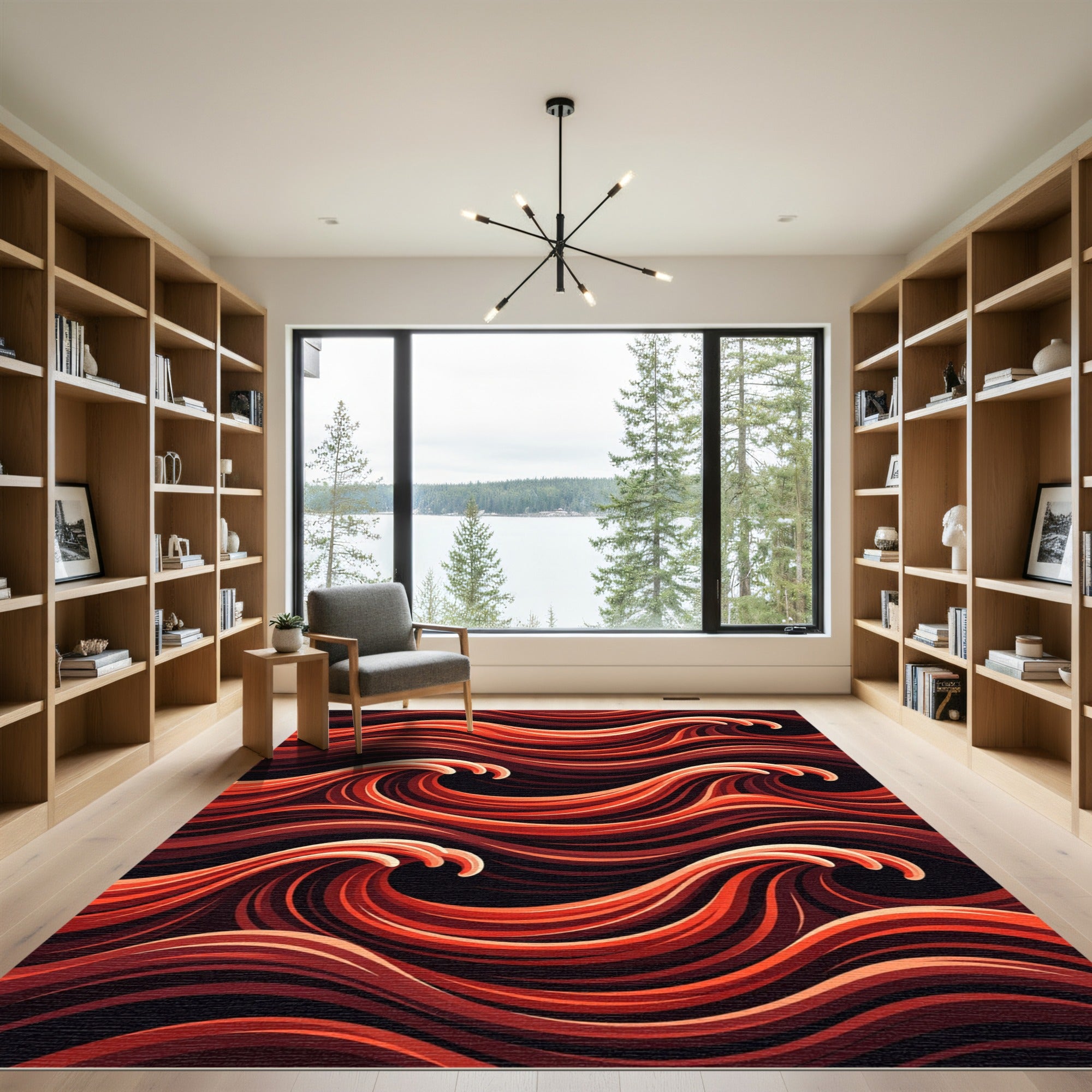 Crimson Abstract Flowing Wave Art Rug