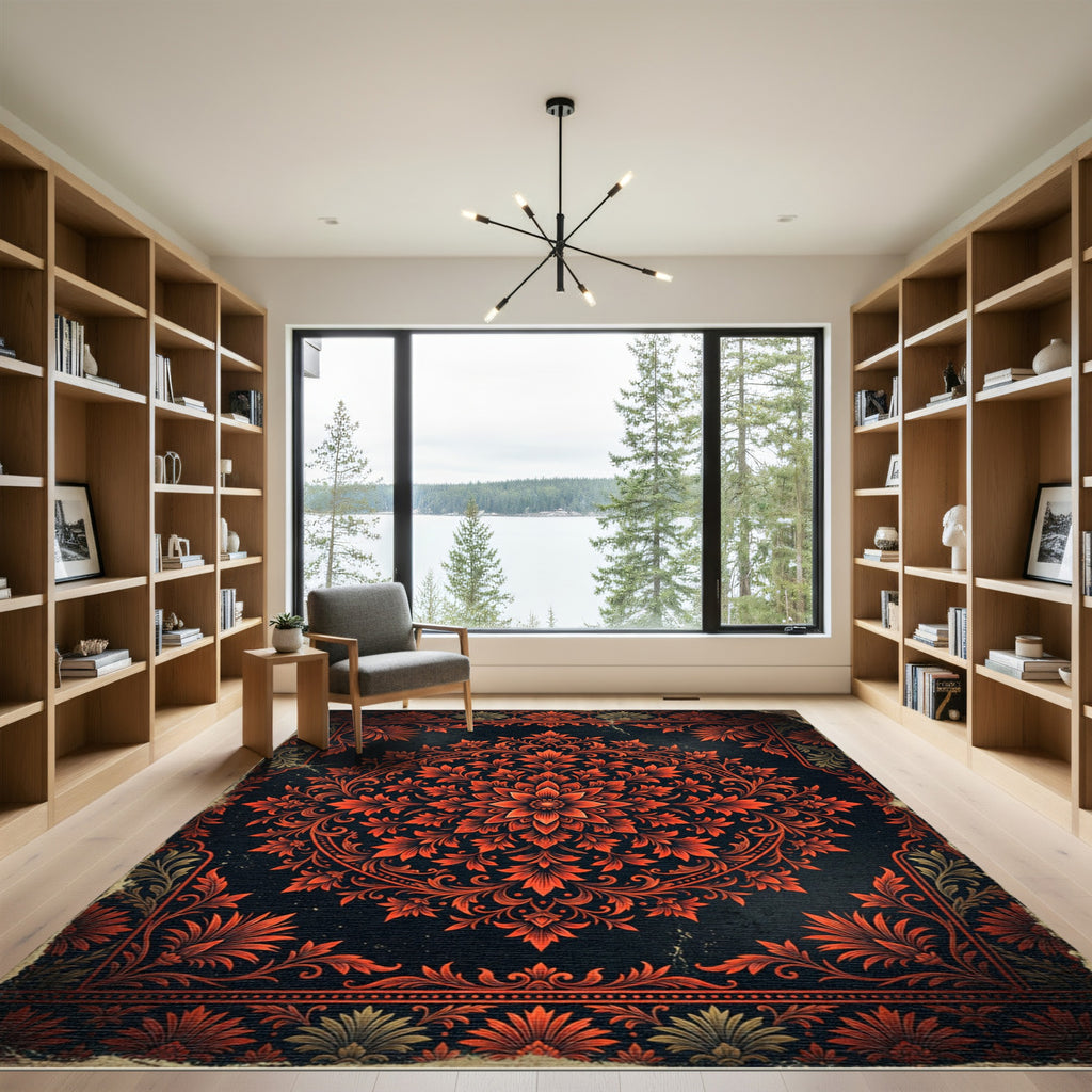 Dramatic Crimson Floral Medallion Charcoal Backdrop Rug