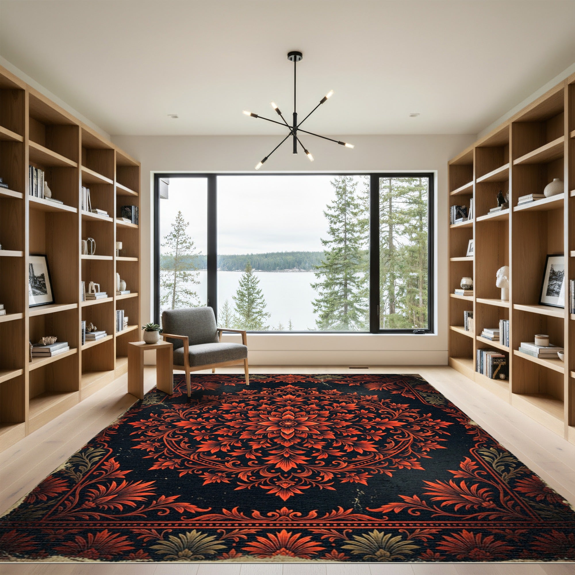 Dramatic Crimson Floral Medallion Charcoal Backdrop Rug