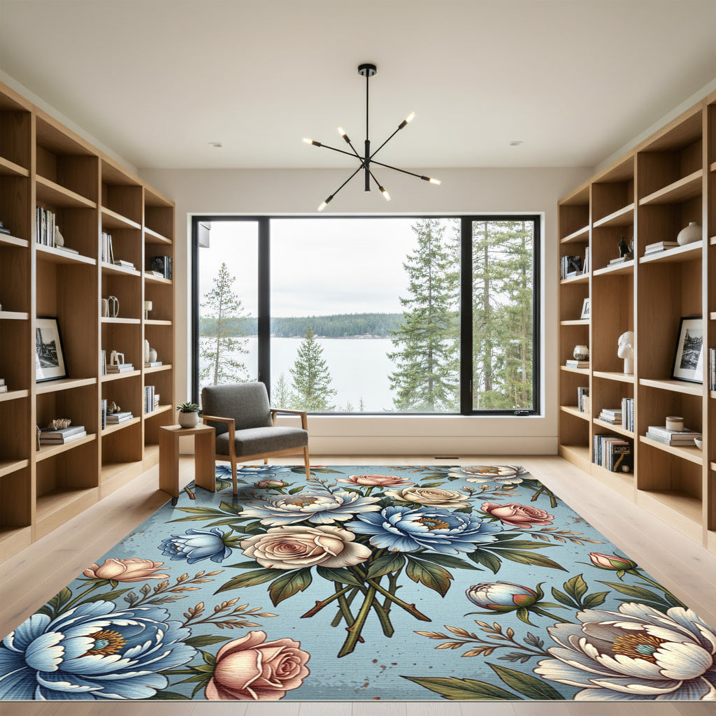 Pastel Blue Floral Bouquet Arrangement Rug